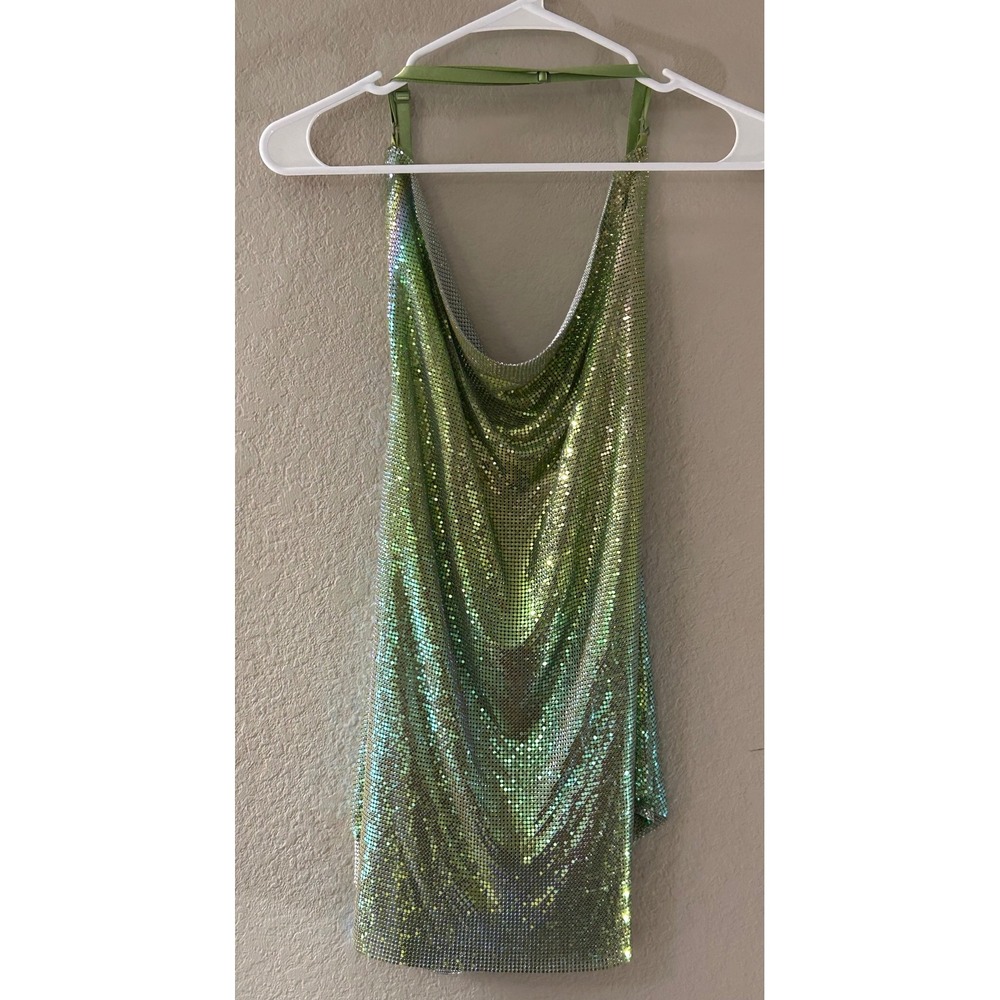 Iridescent Green Chainmail Halter Top Cowl Neck Metallic Mesh Y2K Festival